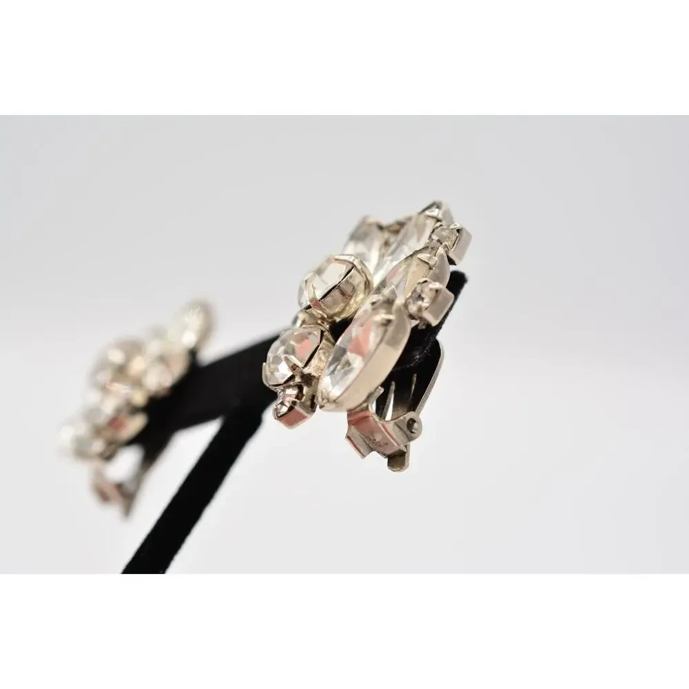 Vintage Crystal Clip Pm Earrings Shiny Rhinestone Marquise Silver 1980s BinAA